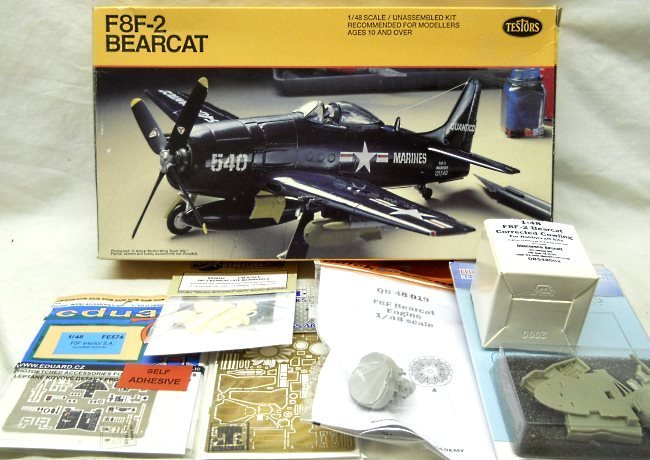 Testors 1/48 F8F-2 Bearcat With Eduard Zoom Color PE Interior / Eduard Exterior PE / Aires Details / Quickboost Engine / Obscureco Correct Cowl / BarracudaCast Late Wheel Set, 562 plastic model kit